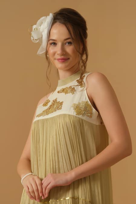 Buy Abstract By Megha Jain Madaan Gold Georgette, Tissue Sequins Mandarin Collar Embellished Yoke Tiered Dress Buy_Abstract By Megha Jain Madaan_Gold Georgette, Tissue Sequins Mandarin Collar Embellished Yoke Tiered Dress