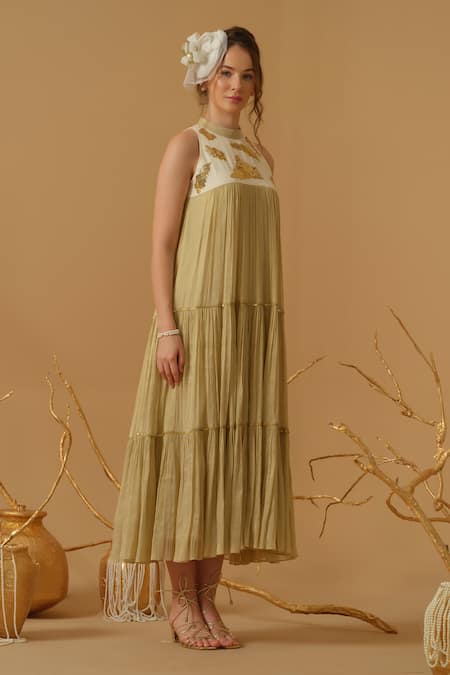 Shop Abstract By Megha Jain Madaan Gold Georgette, Tissue Sequins Mandarin Collar Embellished Yoke Tiered Dress Shop_Abstract By Megha Jain Madaan_Gold Georgette, Tissue Sequins Mandarin Collar Embellished Yoke Tiered Dress