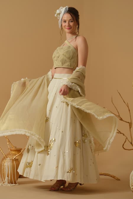 Buy_Abstract By Megha Jain Madaan_Gold Georgette, Handloom Cotton, Cotton, Tissue, Net Embellished Skirt Set _Online_at_Aza_Fashions
