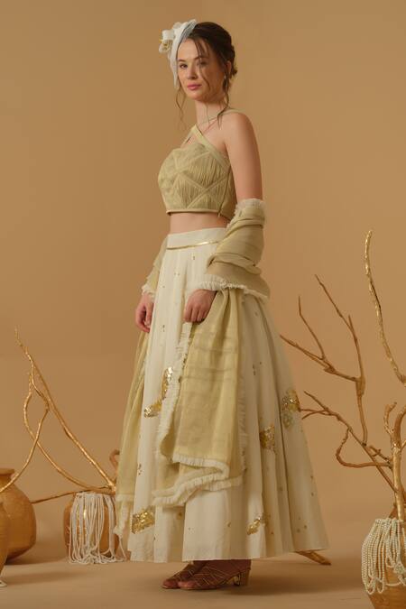 Abstract By Megha Jain Madaan_Gold Georgette, Handloom Cotton, Cotton, Tissue, Net Embellished Skirt Set _at_Aza_Fashions