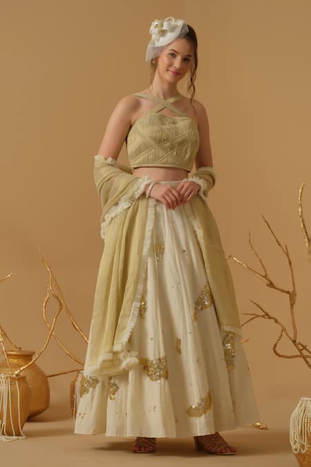 Abstract By Megha Jain Madaan Gold Georgette, Handloom Cotton, Cotton, Tissue, Net Embellished Skirt Set 