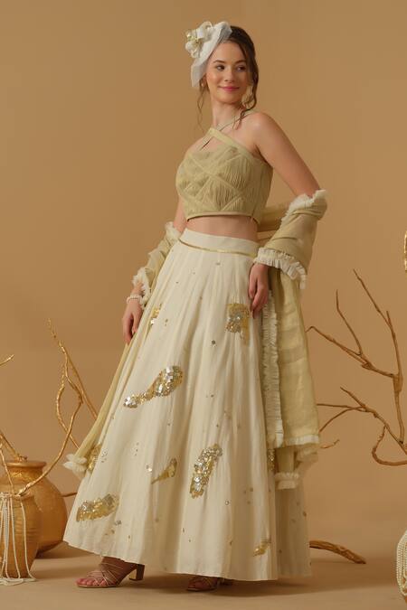 Buy_Abstract By Megha Jain Madaan_Gold Georgette, Handloom Cotton, Cotton, Tissue, Net Embellished Skirt Set 