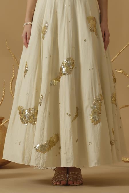 Shop_Abstract By Megha Jain Madaan_Gold Georgette, Handloom Cotton, Cotton, Tissue, Net Embellished Skirt Set 