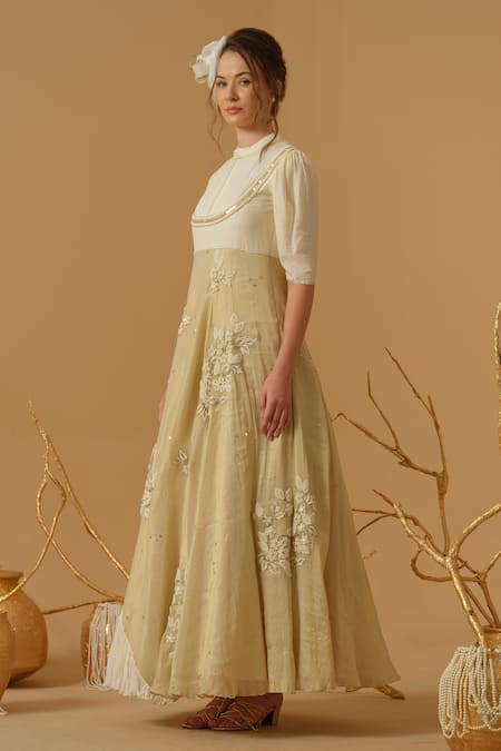 Abstract By Megha Jain Madaan_Gold Georgette, Cotton Embroidery, Sequins, Beads Mandarin Collar Floral Dress _Online_at_Aza_Fashions