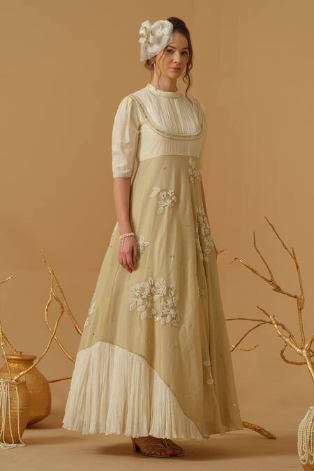 Buy_Abstract By Megha Jain Madaan_Gold Georgette, Cotton Embroidery, Sequins, Beads Mandarin Collar Floral Dress _Online_at_Aza_Fashions