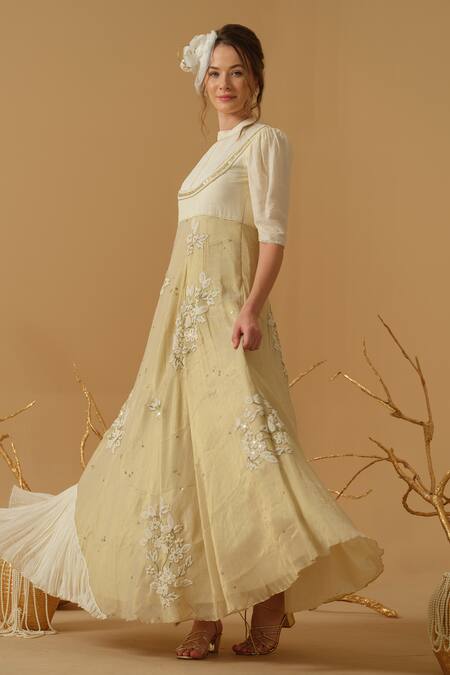 Shop_Abstract By Megha Jain Madaan_Gold Georgette, Cotton Embroidery, Sequins, Beads Mandarin Collar Floral Dress _Online_at_Aza_Fashions