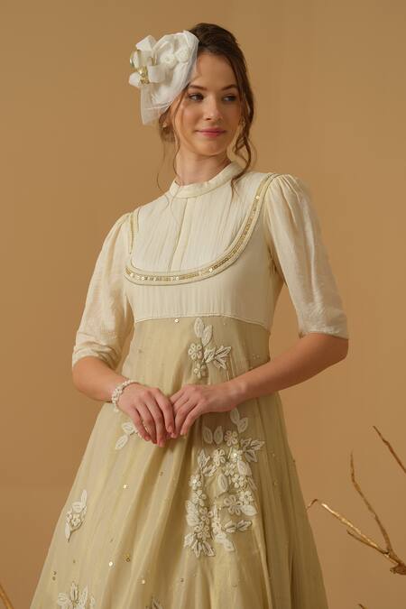 Abstract By Megha Jain Madaan_Gold Georgette, Cotton Embroidery, Sequins, Beads Mandarin Collar Floral Dress _at_Aza_Fashions