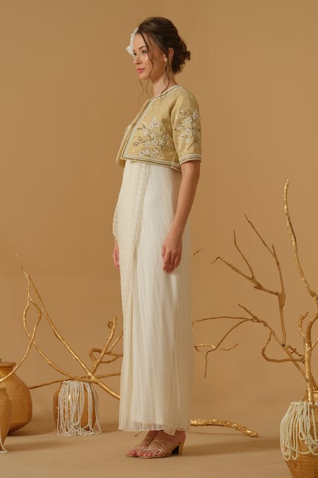 Buy_Abstract By Megha Jain Madaan_Ivory Georgette, Tissue Embroidery, Sequins, Draped Saree Gown And Jacket Set _Online_at_Aza_Fashions