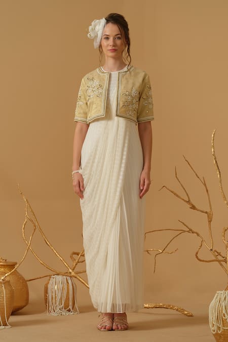 Shop_Abstract By Megha Jain Madaan_Ivory Georgette, Tissue Embroidery, Sequins, Draped Saree Gown And Jacket Set _Online_at_Aza_Fashions