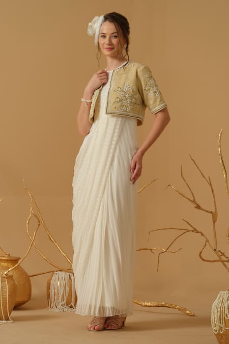 Abstract By Megha Jain Madaan_Ivory Georgette, Tissue Embroidery, Sequins, Draped Saree Gown And Jacket Set _at_Aza_Fashions