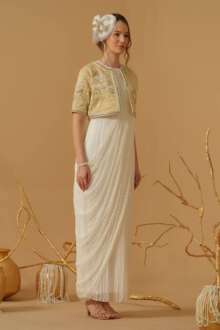 Buy_Abstract By Megha Jain Madaan_Ivory Georgette, Tissue Embroidery, Sequins, Draped Saree Gown And Jacket Set 