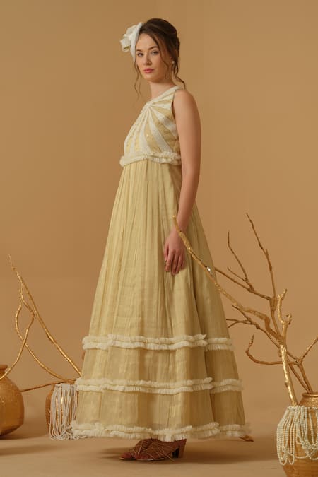 Abstract By Megha Jain Madaan_Gold Georgette, Tissue, Tulle Embroidery, Sequins, Beads Bodice Flared Gown _Online_at_Aza_Fashions