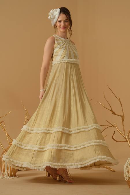 Buy_Abstract By Megha Jain Madaan_Gold Georgette, Tissue, Tulle Embroidery, Sequins, Beads Bodice Flared Gown _Online_at_Aza_Fashions