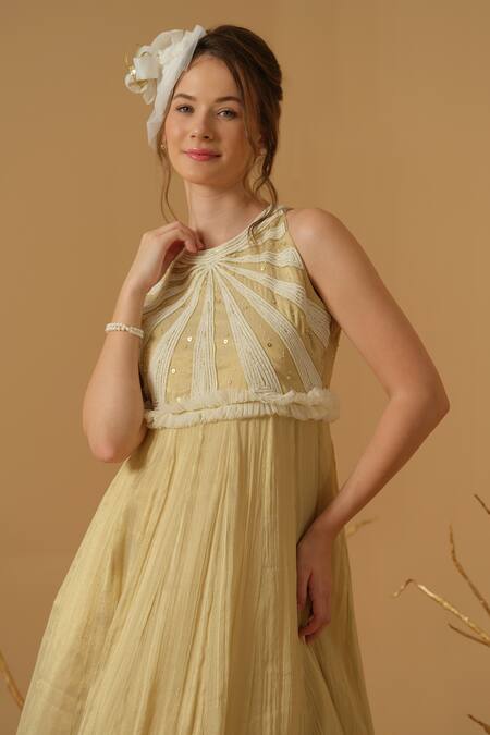 Shop_Abstract By Megha Jain Madaan_Gold Georgette, Tissue, Tulle Embroidery, Sequins, Beads Bodice Flared Gown _Online_at_Aza_Fashions