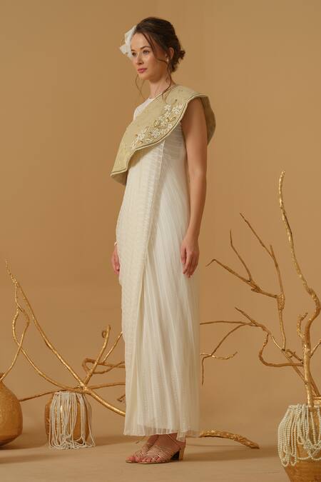 Abstract By Megha Jain Madaan_Ivory Georgette, Cotton, Tissue Draped Saree Gown And Embroidered Capelet Set _Online_at_Aza_Fashions