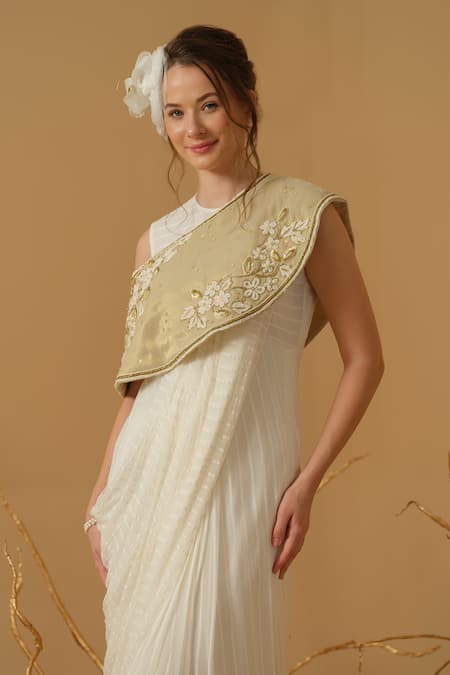 Buy_Abstract By Megha Jain Madaan_Ivory Georgette, Cotton, Tissue Draped Saree Gown And Embroidered Capelet Set _Online_at_Aza_Fashions