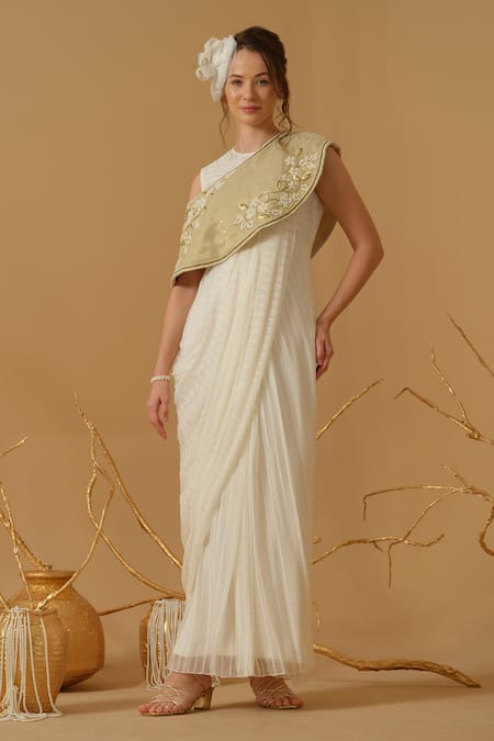 Abstract By Megha Jain Madaan Ivory Georgette, Cotton, Tissue Draped Saree Gown And Embroidered Capelet Set 