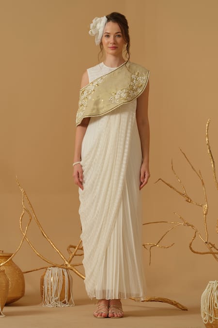 Shop_Abstract By Megha Jain Madaan_Ivory Georgette, Cotton, Tissue Draped Saree Gown And Embroidered Capelet Set _Online_at_Aza_Fashions