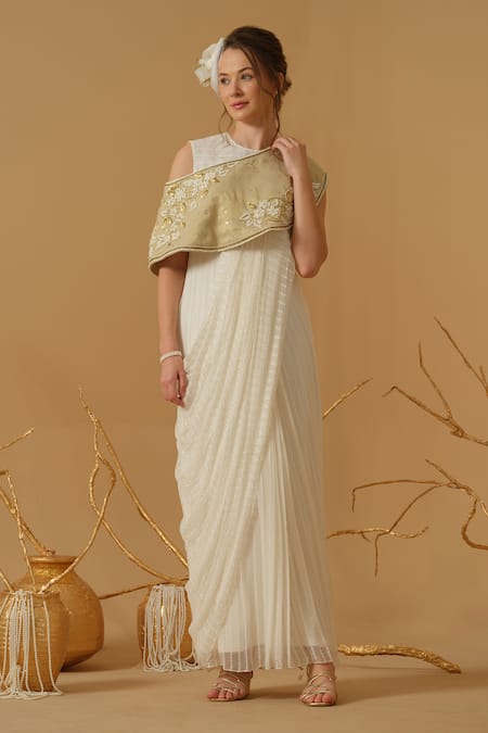 Buy_Abstract By Megha Jain Madaan_Ivory Georgette, Cotton, Tissue Draped Saree Gown And Embroidered Capelet Set 