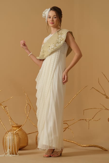 Shop_Abstract By Megha Jain Madaan_Ivory Georgette, Cotton, Tissue Draped Saree Gown And Embroidered Capelet Set 