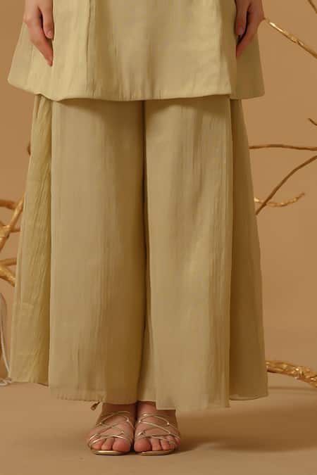 Abstract By Megha Jain Madaan_Gold Georgette, Tissue Embroidery, Sequins, Beads Yoke Kurta With Culottes _Online_at_Aza_Fashions