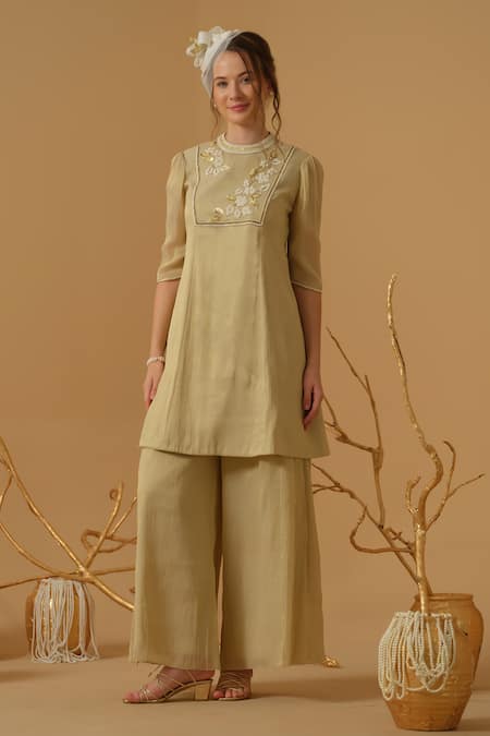 Abstract By Megha Jain Madaan Gold Georgette, Tissue Embroidery, Sequins, Beads Yoke Kurta With Culottes 