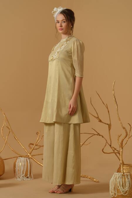 Abstract By Megha Jain Madaan_Gold Georgette, Tissue, Tulle Embroidery, Sequins, Beads, Ruffles Yoke Kurta Set _Online_at_Aza_Fashions