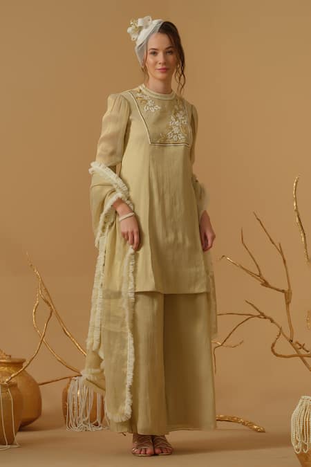 Abstract By Megha Jain Madaan Gold Georgette, Tissue, Tulle Embroidery, Sequins, Beads, Ruffles Yoke Kurta Set 