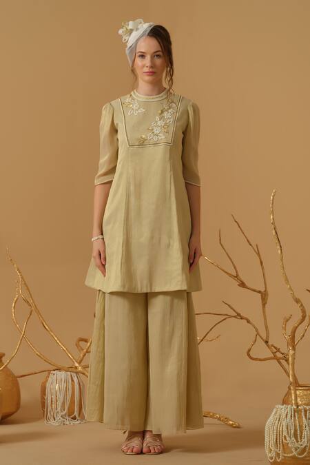 Buy_Abstract By Megha Jain Madaan_Gold Georgette, Tissue, Tulle Embroidery, Sequins, Beads, Ruffles Yoke Kurta Set _Online_at_Aza_Fashions