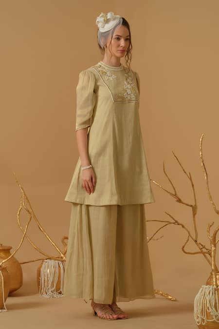 Shop_Abstract By Megha Jain Madaan_Gold Georgette, Tissue, Tulle Embroidery, Sequins, Beads, Ruffles Yoke Kurta Set _Online_at_Aza_Fashions