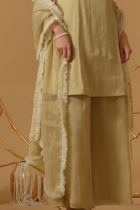 Buy_Abstract By Megha Jain Madaan_Gold Georgette, Tissue, Tulle Embroidery, Sequins, Beads, Ruffles Yoke Kurta Set 