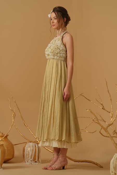 Abstract By Megha Jain Madaan_Gold Georgette, Tissue Embroidery, Sequins, Beads Halter Anarkali With Blouse _Online_at_Aza_Fashions