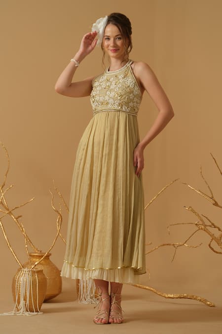 Abstract By Megha Jain Madaan Gold Georgette, Tissue Embroidery, Sequins, Beads Halter Anarkali With Blouse 