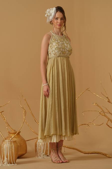Buy_Abstract By Megha Jain Madaan_Gold Georgette, Tissue Embroidery, Sequins, Beads Halter Anarkali With Blouse _Online_at_Aza_Fashions