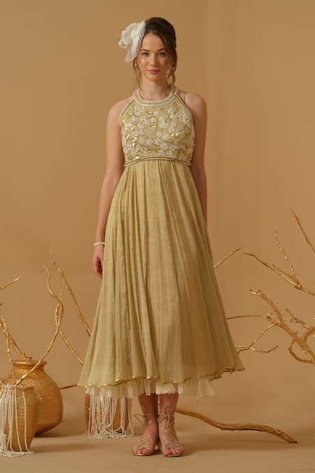 Abstract By Megha Jain Madaan_Gold Georgette, Tissue Embroidery, Sequins, Beads Halter Anarkali With Blouse _at_Aza_Fashions
