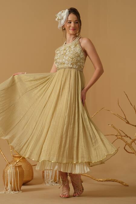 Buy_Abstract By Megha Jain Madaan_Gold Georgette, Tissue Embroidery, Sequins, Beads Halter Anarkali With Blouse 