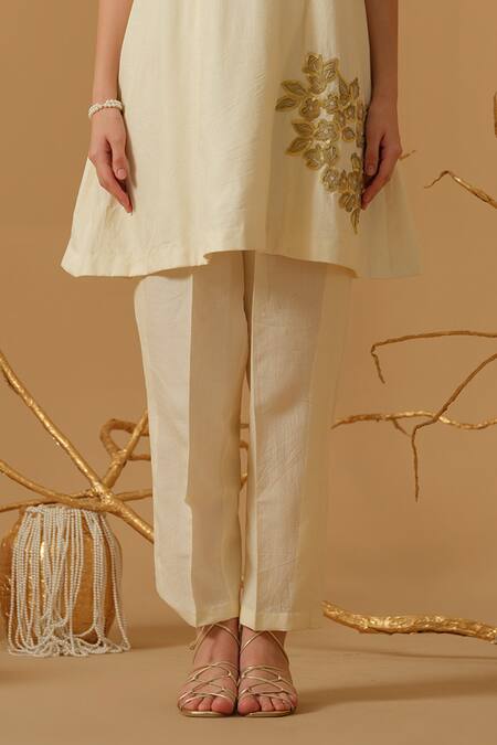 Abstract By Megha Jain Madaan_Ivory Georgette, Tissue Applique, Sequins, Beads Floral Pattern Tunic With Pant _Online_at_Aza_Fashions