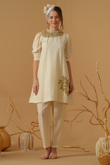 Abstract By Megha Jain Madaan Ivory Georgette, Tissue Applique, Sequins, Beads Floral Pattern Tunic With Pant 