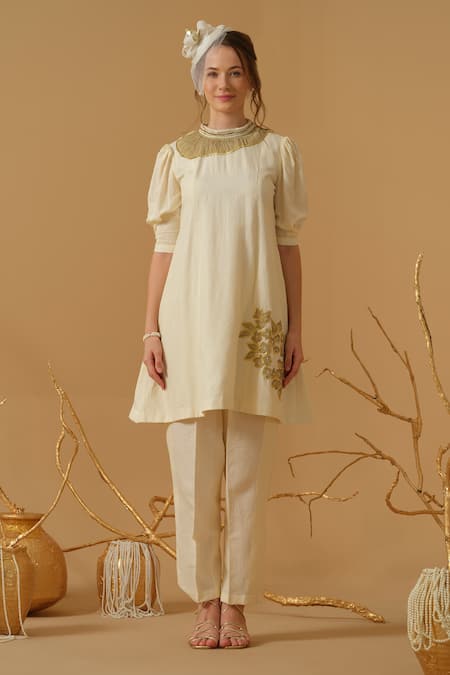 Buy_Abstract By Megha Jain Madaan_Ivory Georgette, Tissue Applique, Sequins, Beads Floral Pattern Tunic With Pant _Online_at_Aza_Fashions