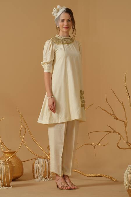 Shop_Abstract By Megha Jain Madaan_Ivory Georgette, Tissue Applique, Sequins, Beads Floral Pattern Tunic With Pant _Online_at_Aza_Fashions