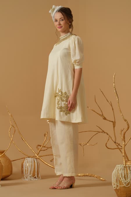Abstract By Megha Jain Madaan_Ivory Georgette, Tissue Applique, Sequins, Beads Floral Pattern Tunic With Pant _at_Aza_Fashions