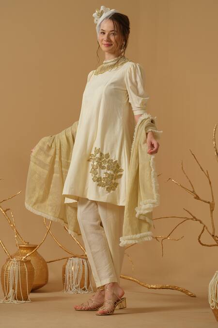 Shop_Abstract By Megha Jain Madaan_Ivory Georgette, Tissue Applique, Sequins, Beads Floral Pattern Tunic With Pant 