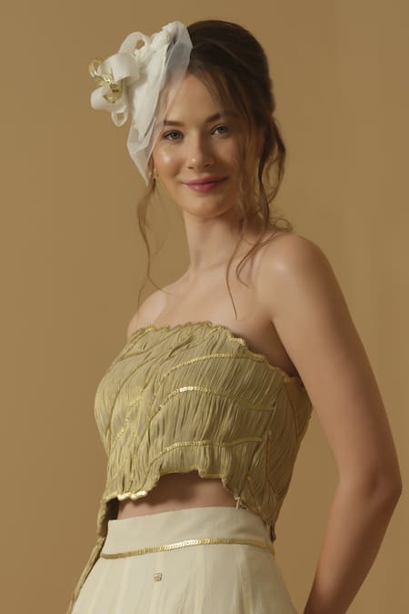 Abstract By Megha Jain Madaan_Gold Georgette, Tissue Sequins Bandeau Neck Embellished Asymmetric Top _Online_at_Aza_Fashions
