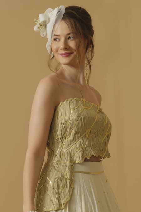 Buy_Abstract By Megha Jain Madaan_Gold Georgette, Tissue Sequins Bandeau Neck Embellished Asymmetric Top _Online_at_Aza_Fashions