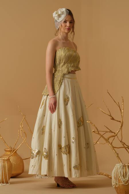 Shop_Abstract By Megha Jain Madaan_Gold Georgette, Tissue Sequins Bandeau Neck Embellished Asymmetric Top _Online_at_Aza_Fashions