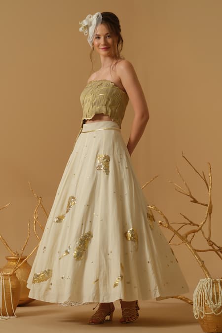 Buy_Abstract By Megha Jain Madaan_Gold Georgette, Tissue Sequins Bandeau Neck Embellished Asymmetric Top 