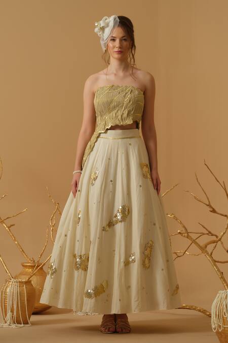 Shop_Abstract By Megha Jain Madaan_Gold Georgette, Tissue Sequins Bandeau Neck Embellished Asymmetric Top 