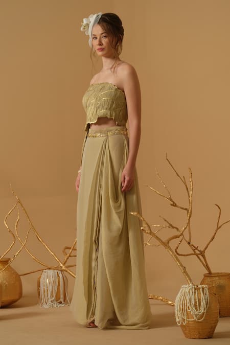 Abstract By Megha Jain Madaan_Gold Georgette, Tissue Sequins Draped Skirt _Online_at_Aza_Fashions