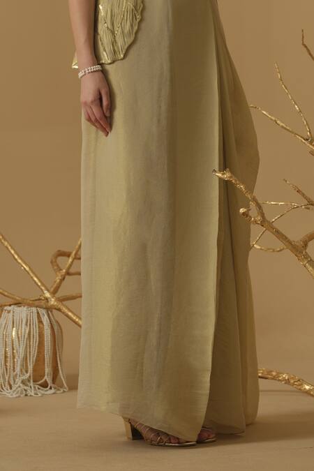 Shop_Abstract By Megha Jain Madaan_Gold Georgette, Tissue Sequins Draped Skirt _Online_at_Aza_Fashions