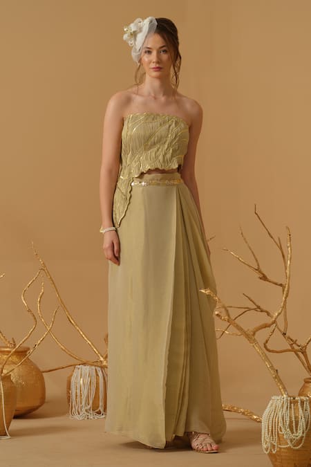 Abstract By Megha Jain Madaan Gold Georgette, Tissue Sequins Draped Skirt 
